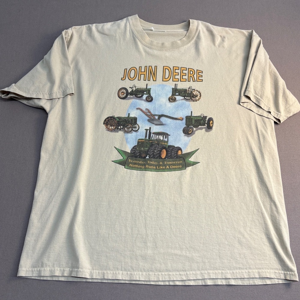 John Deere Mens Tan Graphic T-Shirt Yesterday Today Tomorrow Tractor Beige 2XL